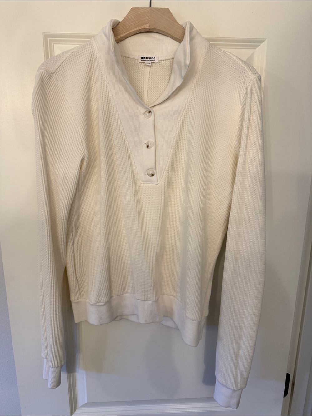 LAmade Cream Waffle-Knit Pullover with Buttoned Cowl Neck